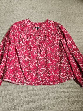 J. Crew Floral Pink Top Blouse XL Balloon Sleeve Cotton Poplin Spring Feminine